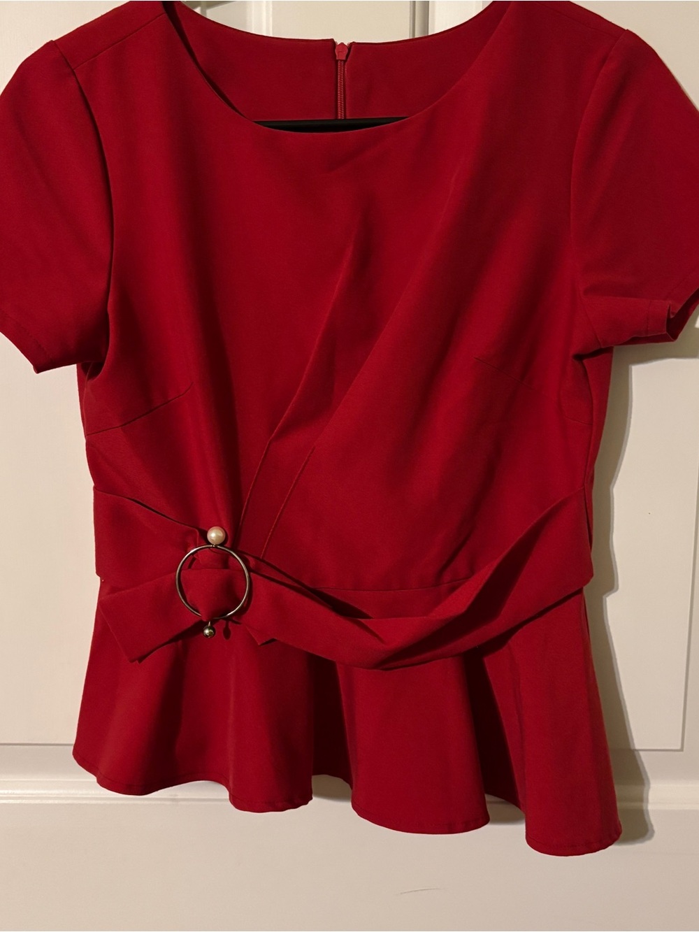 Red Short-Sleeve Peplum Top with Ring Accent